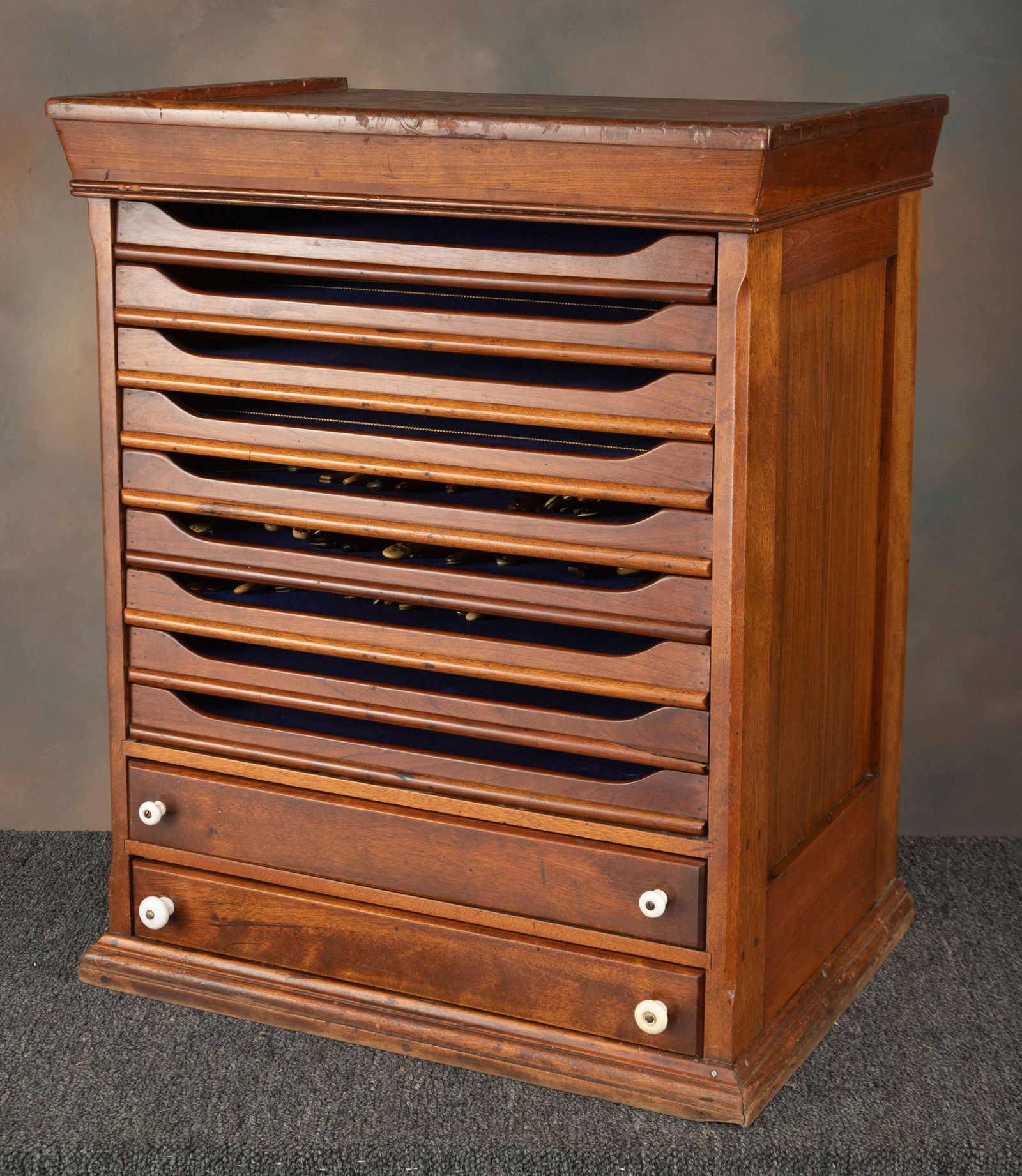 Antique 11 drawer country store Display Case attributed to Belding Brothers Silk Spool Cabinet,: Antique 11 drawer country store Display Case attributed to Belding Brothers Silk Spool Cabinet, measures 28 1/2" T x 22 1/4" W x 16 1/2" D. Would make the perfect collectors case for straight razors,