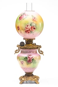 Beautiful antique Gone With the Wind Lamp with hand painted floral decoration on ornate footed base,
