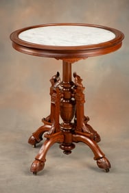 Unique antique Victorian walnut, round marble top Lamp Table from the Renaissance Period, 1870s-80s,