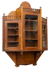Most unusual antique Victorian Walnut hanging, triple door, glass front Curio Cabinet, circa 1890s,