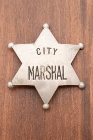 Vintage silver tone 6-point Ball Star Badge marked "City Marshal" with nice patina, no hallmark, a