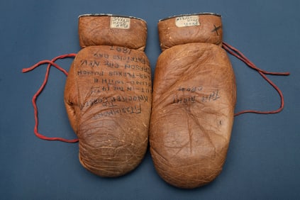Extremely Historical Pair of early leather Boxing Gloves with document by Dorothy Williams claiming