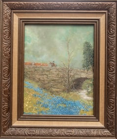 Painting on Board by artist George (Pop) Estill, subject is Cowboy pushing cattle across stone