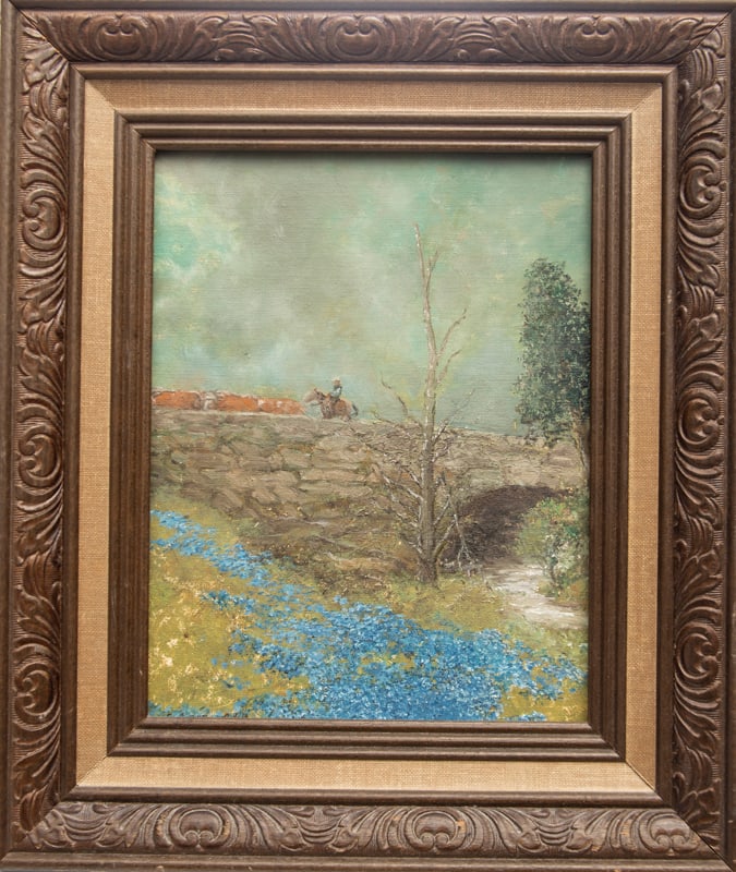 Painting on Board by artist George (Pop) Estill, subject is Cowboy pushing cattle across stone: Painting on Board by artist George (Pop) Estill, subject is Cowboy pushing cattle across stone bridge. Actual Art measures 12" x 16", frame measures 17 1/4" x 20 1/4".