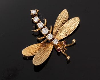 Yellow Gold Ruby and Diamond Dragonfly Pin. One ladies handmade 18K yellow gold diamond and ruby