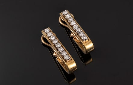 Yellow Gold Diamond Lever Back Earrings. One pair of ladies 14K yellow gold Diamond Hoop Earrings