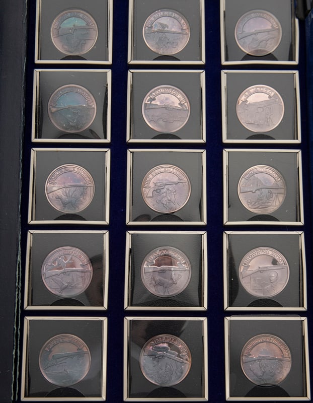 Complete 1972 NRA "A Nation of Riflemen". A Limited Edition Set of 30, .999 Silver Coins. Stamped: Complete 1972 NRA "A Nation of Riflemen". A Limited Edition Set of 30, .999 Silver Coins. Stamped ".999" on coin rim, along with its unique set number.. Each Medallion is approximately 21 grams or 3/4