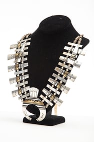 Rare Sterling and gold overlay Squash Blossom Necklace by noted artist Tommy Singer (Navajo), with