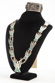 Wonderful Turquoise chip inlaid silver Necklace with turquoise chip inlaid silver Cuff marked