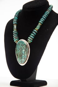 Beautiful and most unusual blue green turquoise Necklace with matching Pendant. Maker marked and