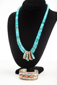 Unique turquoise & coral Necklace will be sold with a sterling Turquoise & Coral Cuff with maker
