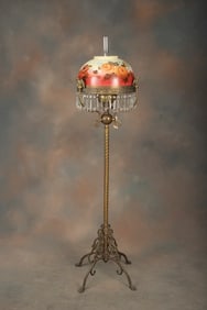Solid brass Floor Lamp with hand painted shade & crystal danglers, fancy claw foot base and 3 winged