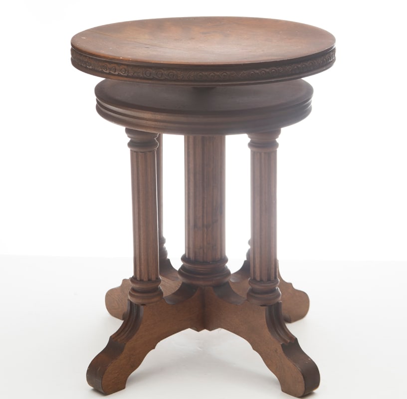 Antique swivel top Piano Stool, circa 1910, in original estate condition with unique reeded columns: Antique swivel top Piano Stool, circa 1910, in original estate condition with unique reeded columns supporting seat. Good condition. Measures 19" T x 14 1/2" diameter top.