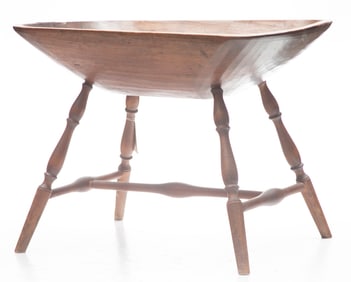Early handmade wooden Dough Bowl, measures 17 1/2" T x 24" L x 15 1/2" across x 5" D. Very sought