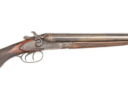 Antique Geo. Fisher Side x Side Shotgun, 12 ga., Belgium made, Damascus steel barrels, external
