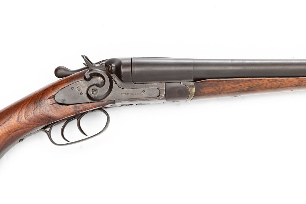 Early Double Barrel, Rabbit Ear Shotgun, manufactured by "Eclipse Gun Co. / BAYARD ARMS CO.", 16: Early Double Barrel, Rabbit Ear Shotgun, manufactured by "Eclipse Gun Co. / BAYARD ARMS CO.", 16 ga., SN 30396, dark aged patina on barrel and frame, 28" barrel, barrel marked "Made in Belgium", good 