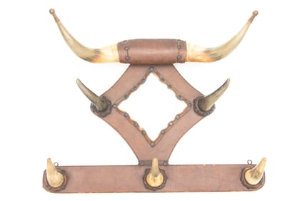 Bunk House Steer Horn, Spur and Hat Rack, constructed of 7 horns wrapped in buggy material,