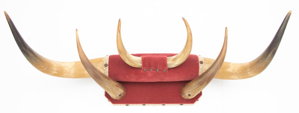 Unique vintage hanging horn Hat Rack, constructed of six horns, all pairs, with nice yellow aged: Unique vintage hanging horn Hat Rack, constructed of six horns, all pairs, with nice yellow aged patina. 12" T x 28" spread.