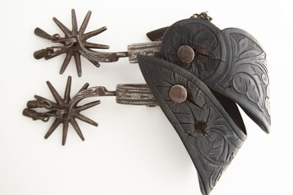 Pair of vintage double mounted Mexican Spurs with silver inlay and overlay, nice original set with