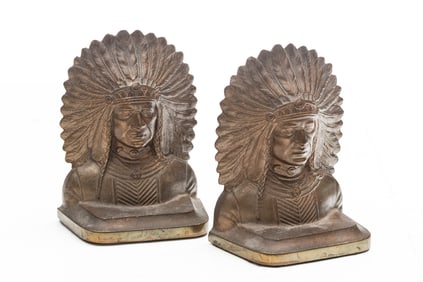Heavy quality pair of vintage Indian Head Bookends, circa 1900-1920s, measures 6 3/8" T x 5" Base.