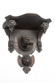 Early Victorian walnut Wall Shelf, circa 1890, in original dark finish, with carved lion head in