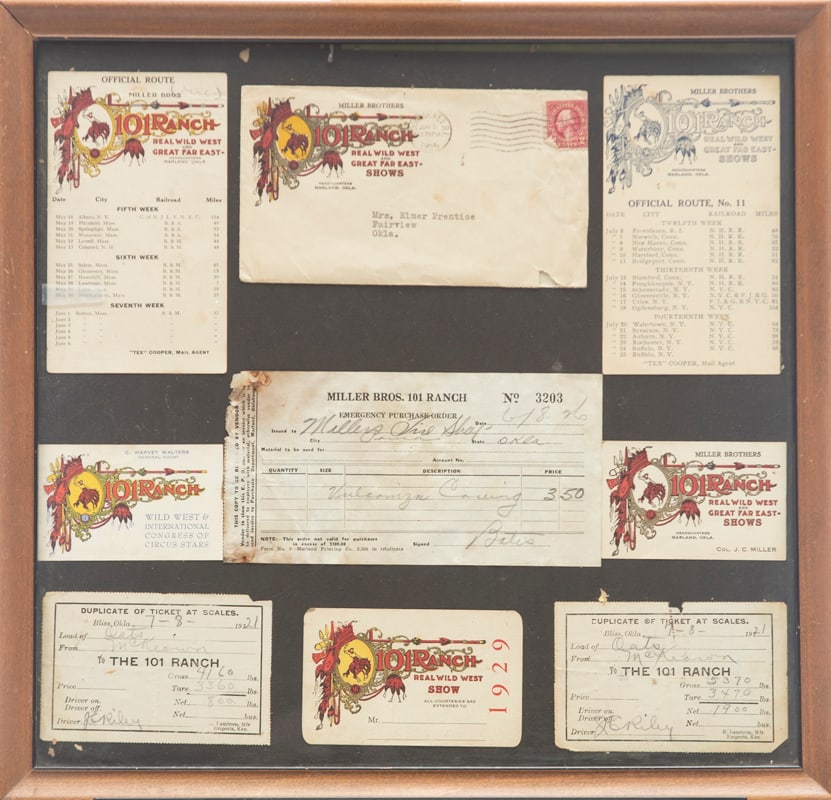 Framed collection of vintage 101 Artifacts to include: Official Route for the Miller Bros. showing: Framed collection of vintage 101 Artifacts to include: Official Route for the Miller Bros. showing what trains they used; Business Card for General Agent C. Harvey Walters; Two Ticket Scale Receipts d