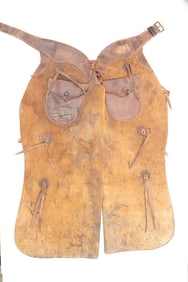 Pair of "King Ranch" marked leather Bull Hide Batwing Chaps, outside pockets with leather buttons