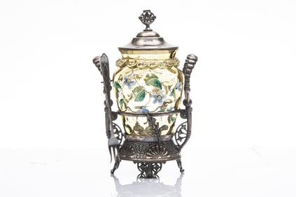 A silver and amber hand painted Pickle Castor on footed stand, marked "Rogers-Smith 263" with silver