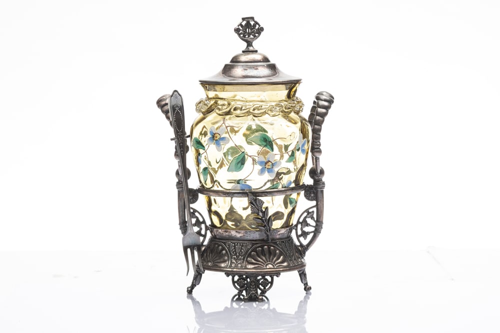 A silver and amber hand painted Pickle Castor on footed stand, marked "Rogers-Smith 263" with silver: A silver and amber hand painted Pickle Castor on footed stand, marked "Rogers-Smith 263" with silver fork, 9 1/4" T.