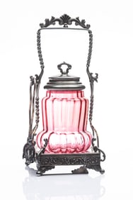 Beautiful silver and cranberry Pickle Castor with tongs, stand is marked "Webster & Son, 77", 10