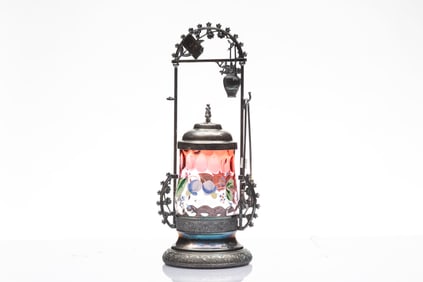 Beautiful hand painted cranberry and silver Pickle Castor with embossed fruit basket on frame,