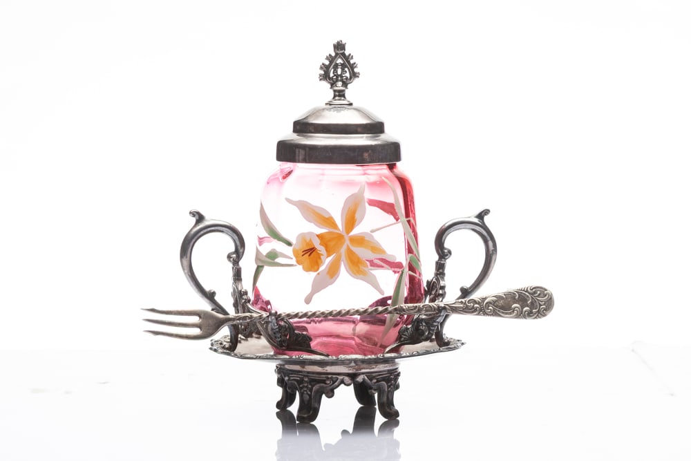 Hand painted cranberry & silver Pickle Castor on footed stand with fork, stand is 8" T.: Hand painted cranberry & silver Pickle Castor on footed stand with fork, stand is 8" T.