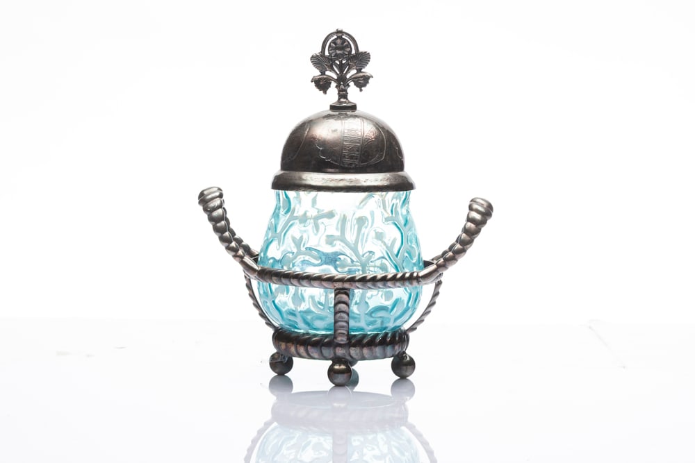 Aqua blue and silver Pickle Castor with double handled stand measuring 8 1/2" T: Aqua blue and silver Pickle Castor with double handled stand measuring 8 1/2" T