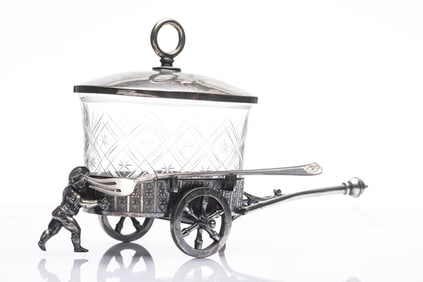 Most unusual silver Cart Pickle Castor with fork in fancy silver frame, cut glass crystal insert