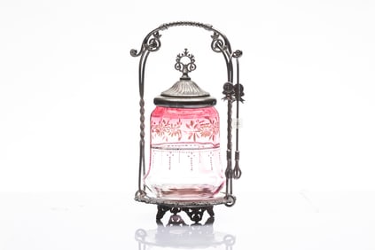 Cranberry & enameled Pickle Castor on silver footed stand marked "Meriden Company 674", with tongs.