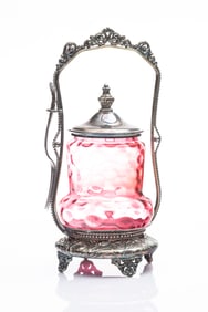 Cranberry coin dot and silver Pickle Castor with fork on footed stand, marked "Meriden Company 303",