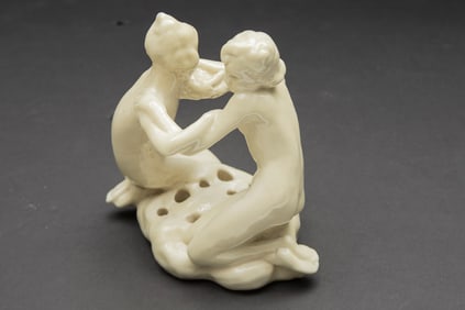 Marked "Rookwood" Porcelain Flower Frog #2338, circa 1920s, pair of nudes, showing slight age cracks