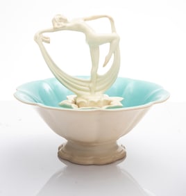 "Cowan" marked Bowl and matching Flower Frog, bowl measures 3 3/4" T x 9 1/2" dia. Dancing Nude lady