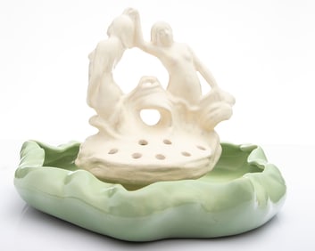 Green fluted Bowl with "Weller" marked Flower Frog. Bowl measures 10 3/4" dia. x 1 3/4" T. Pair of