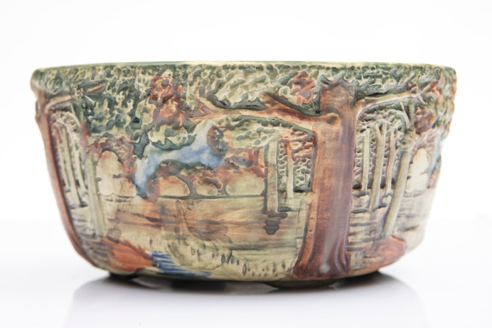 Embossed Pottery Planter with liner, possibly Weller, Bowl measures 7 1/4" dia. x 3 1/2" T.: Embossed Pottery Planter with liner, possibly Weller, Bowl measures 7 1/4" dia. x 3 1/2" T.