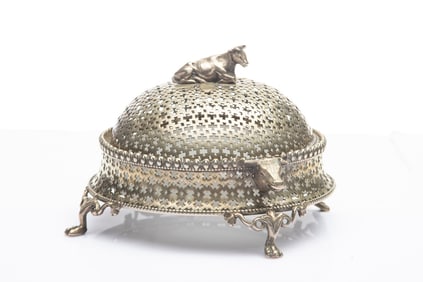 Unique silver over glass footed Butter Dish with glass insert. Insert has small chip on rim. Frame