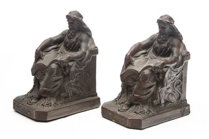 Pair of vintage Bookends titled "Wisdom" with original labels marked "Armor Bronze by the National