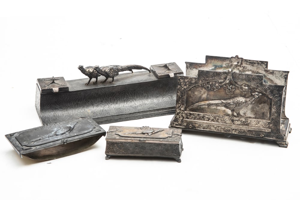 Vintage four piece spelter Desk Set, circa 1920s, which includes a Letter Holder with embossed: Vintage four piece spelter Desk Set, circa 1920s, which includes a Letter Holder with embossed pheasant. Metal Inkwell with two pheasants on top, glass insert is missing. Pen & Stamp Box, footed with 