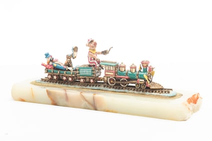 Unique piece of Art brass Train with clown characters overlaid with porcelain, artist signed Ron,