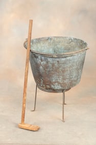 Early solid copper Apple Butter Pot with blacksmith made pail and wooden dasher.