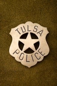 Vintage Shield Star Badge with cut-out 5-point star center marked “TULSA POLICE??. Has no
