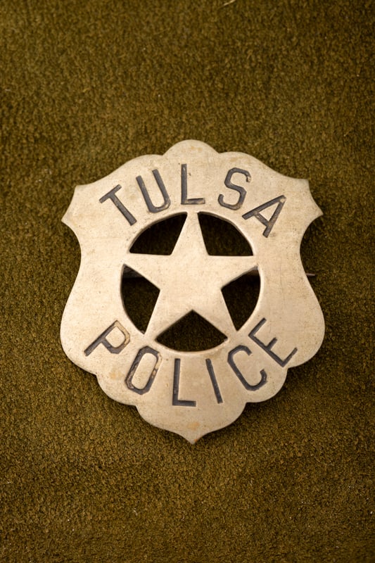 Vintage Shield Star Badge with cut-out 5-point star center marked “TULSA POLICE??. Has no: Vintage Shield Star Badge with cut-out 5-point star center marked “TULSA POLICE”. Has no hallmark, small spring pin and catch are there and working properly, measures 2 1/8” T x 1 &frac3