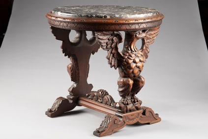 Antique hand carved, marble top, walnut Chair Side Table with fully carved Eagle supports and floral