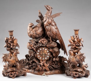 Fabulous antique three-piece, hand carved, Black Forrest Clock Set, with fully carved pheasants on