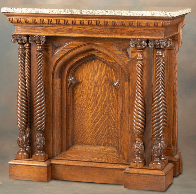 Fine antique quarter sawn oak carved Pedestal with rope twist carved column supports, circa 1900,: Fine antique quarter sawn oak carved Pedestal with rope twist carved column supports, circa 1900, beautiful finish and condition, with beautiful granite top, measures 43 1/2" T x 21 3/4" D x 43 1/2" W